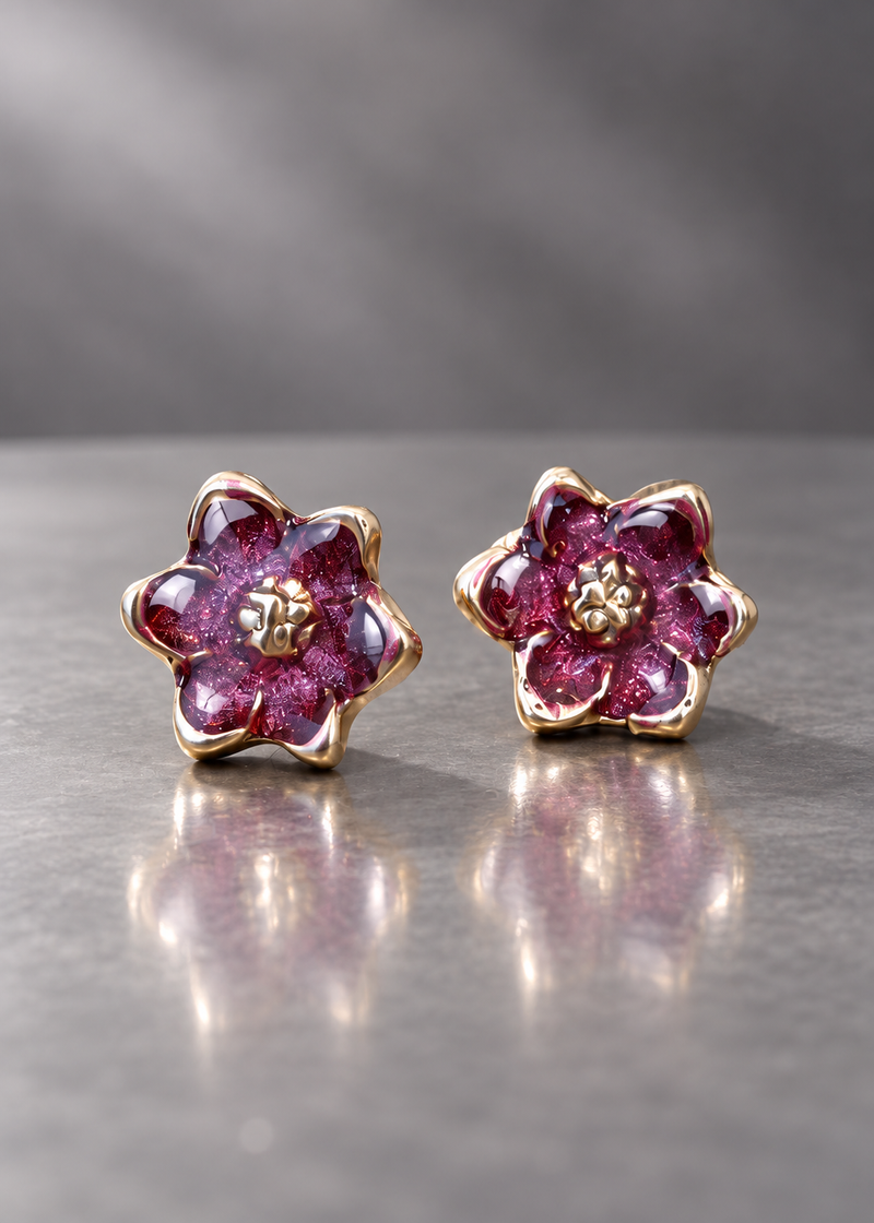 Burgundy brass magnolia stud earrings with domed resin