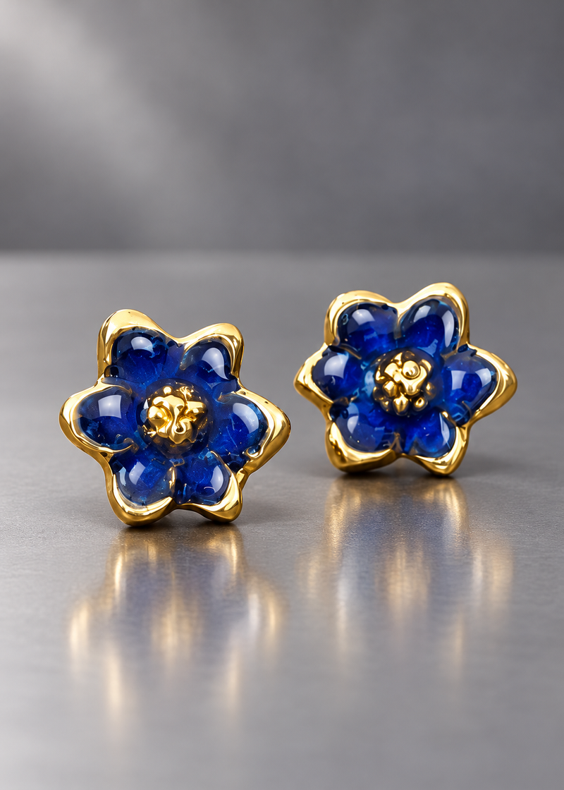 Cobalt Blue brass magnolia stud earrings with domed resin