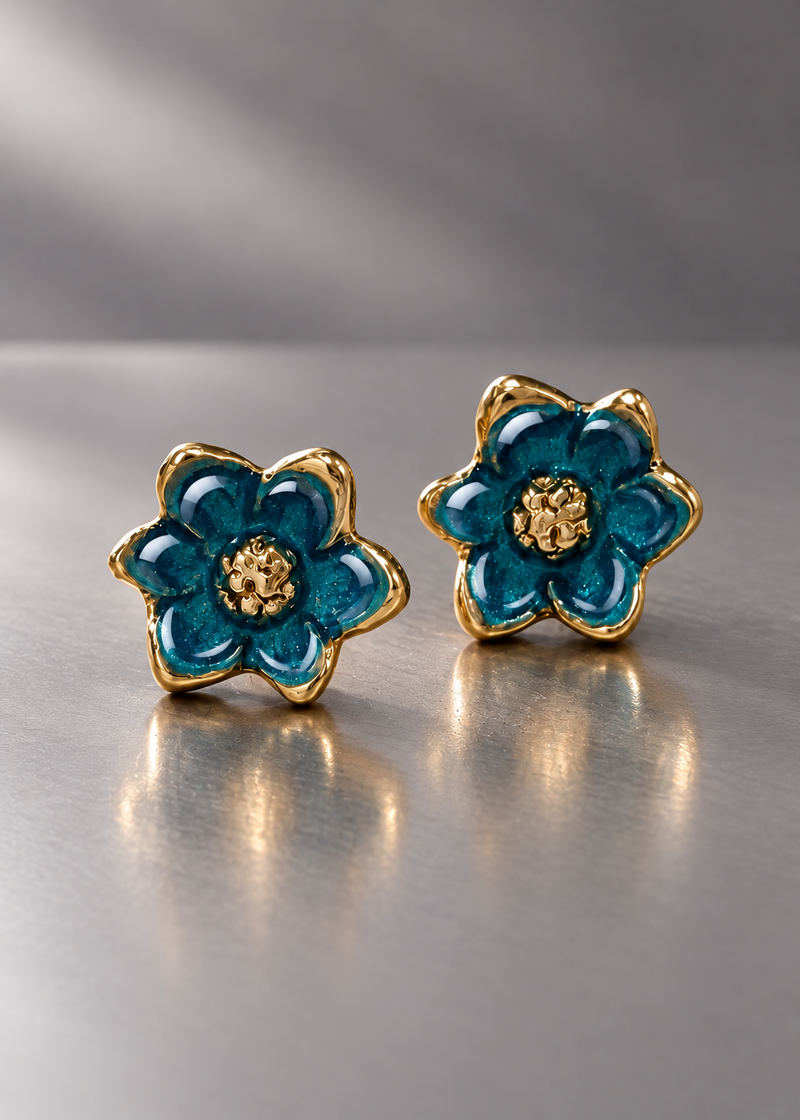 Teal brass magnolia stud earrings with domed resin