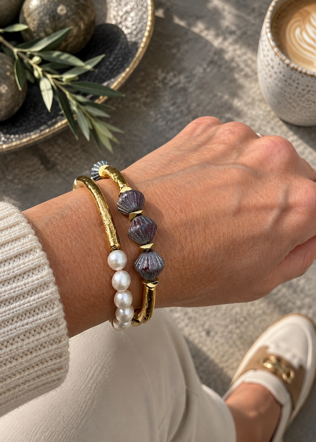 A Simple Yes Pearl Bracelet styled on a wrist