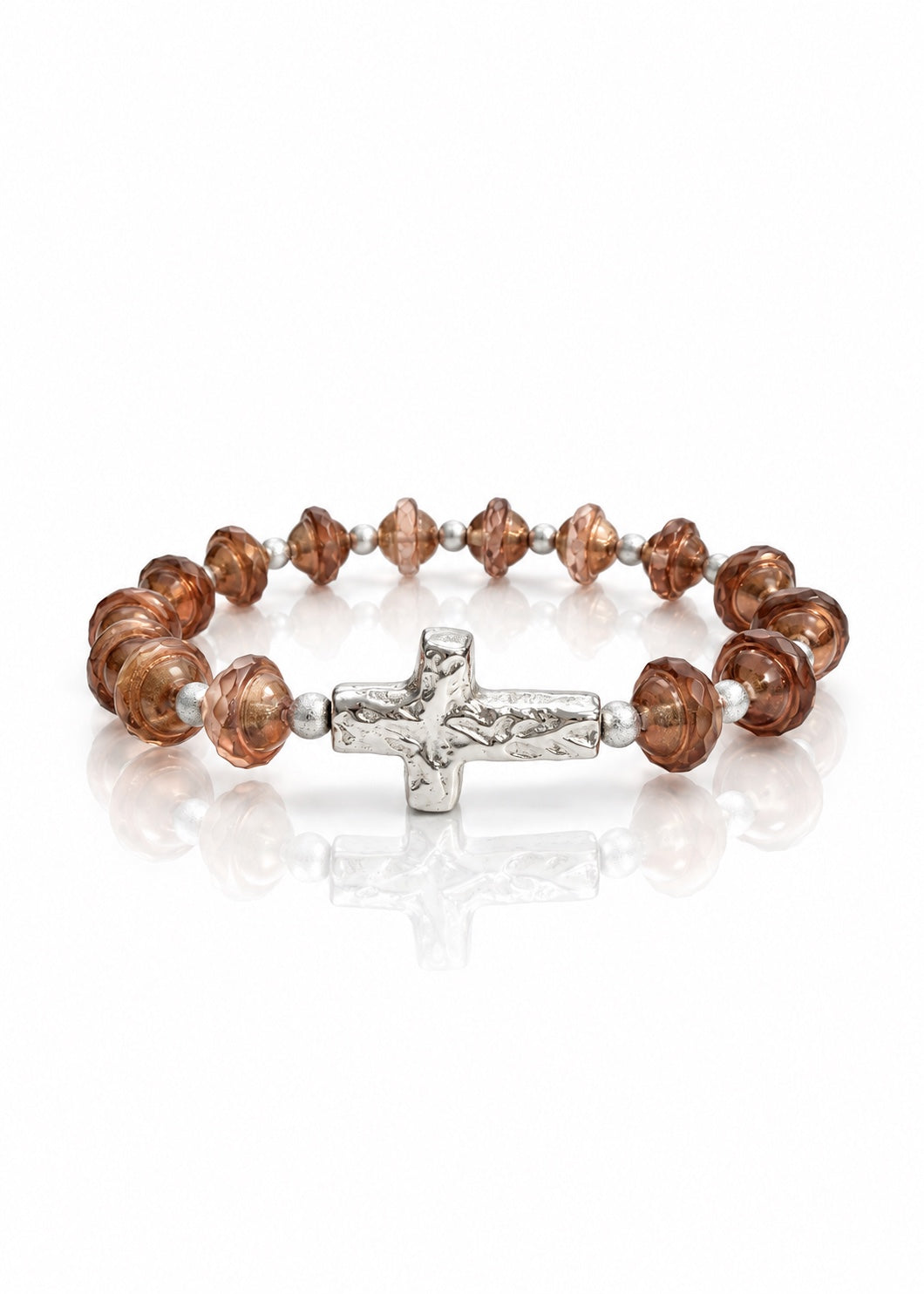 Copper Rose Cross bracelet with dusty rose Czech glass Saturn beads and a textured silver-finish cross.