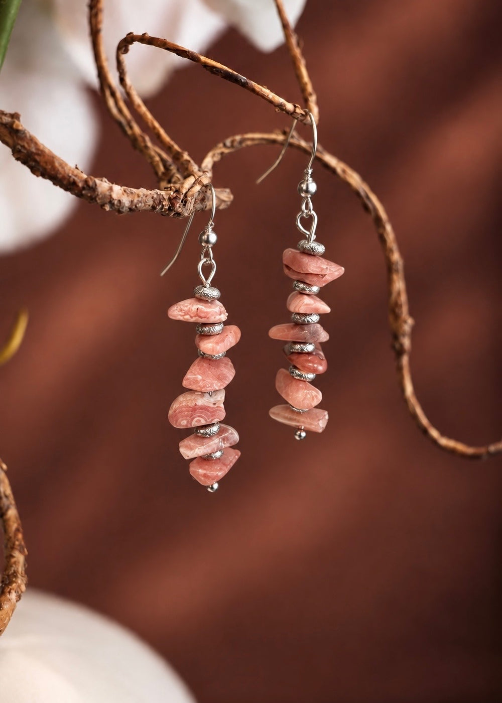 Rhodochrosite Drop Earrings - Silver hanging from a branch