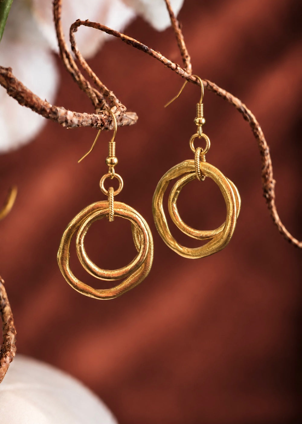 Golden Double Circle Earrings hanging from a branch