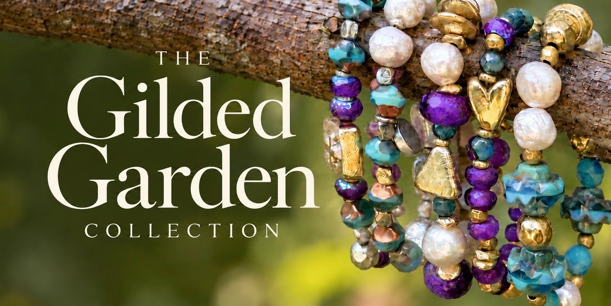 The Gilded Garden Collection — pearl and Czech glass bracelets on a branch