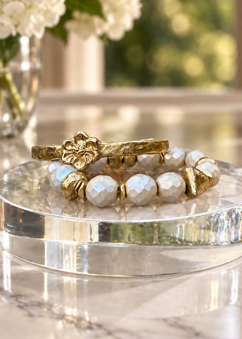 Honey Glaze bracelet with the included Magnolia cuff on a clear display.
