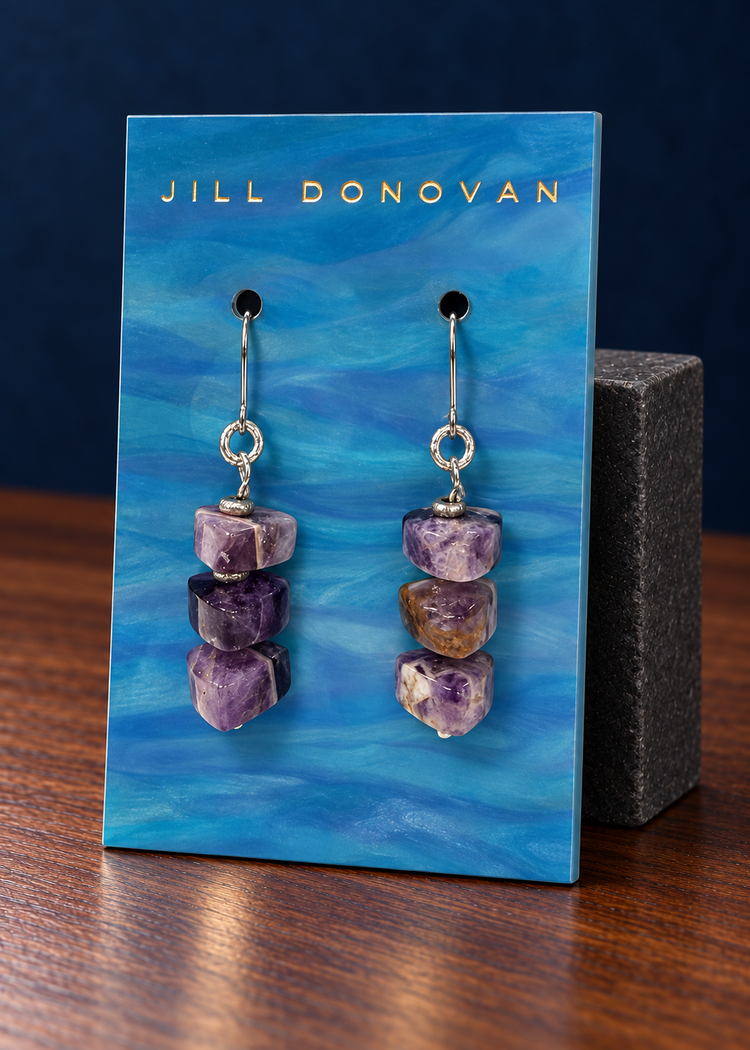 Chevron Amethyst Drop Earrings on a Jill Donovan lucite card
