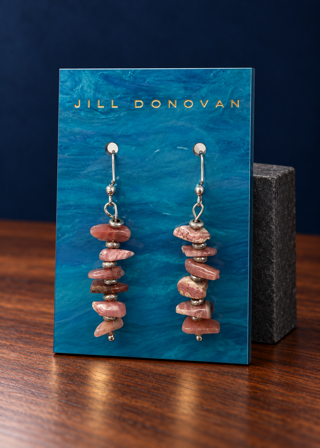 Rhodochrosite Drop Earrings — Silver on a Jill Donovan lucite card