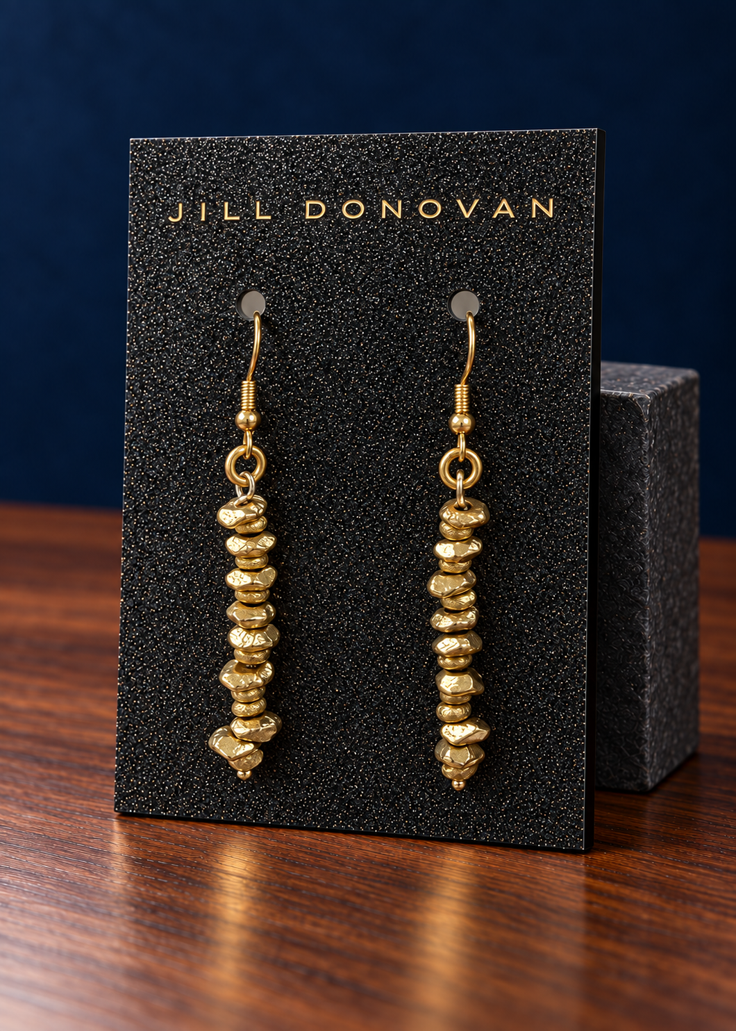 Golden Long Bead Drop Earrings on a Jill Donovan lucite card