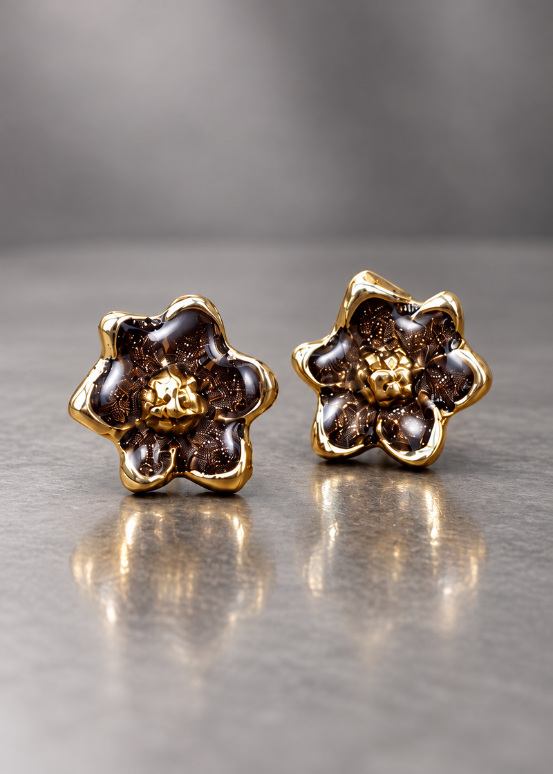 Espresso brass magnolia stud earrings with domed resin
