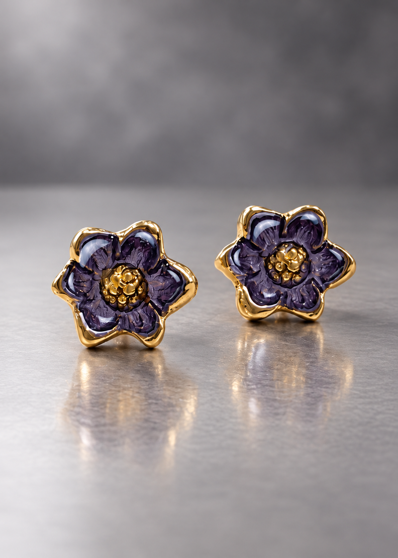 Violet brass magnolia stud earrings with domed resin