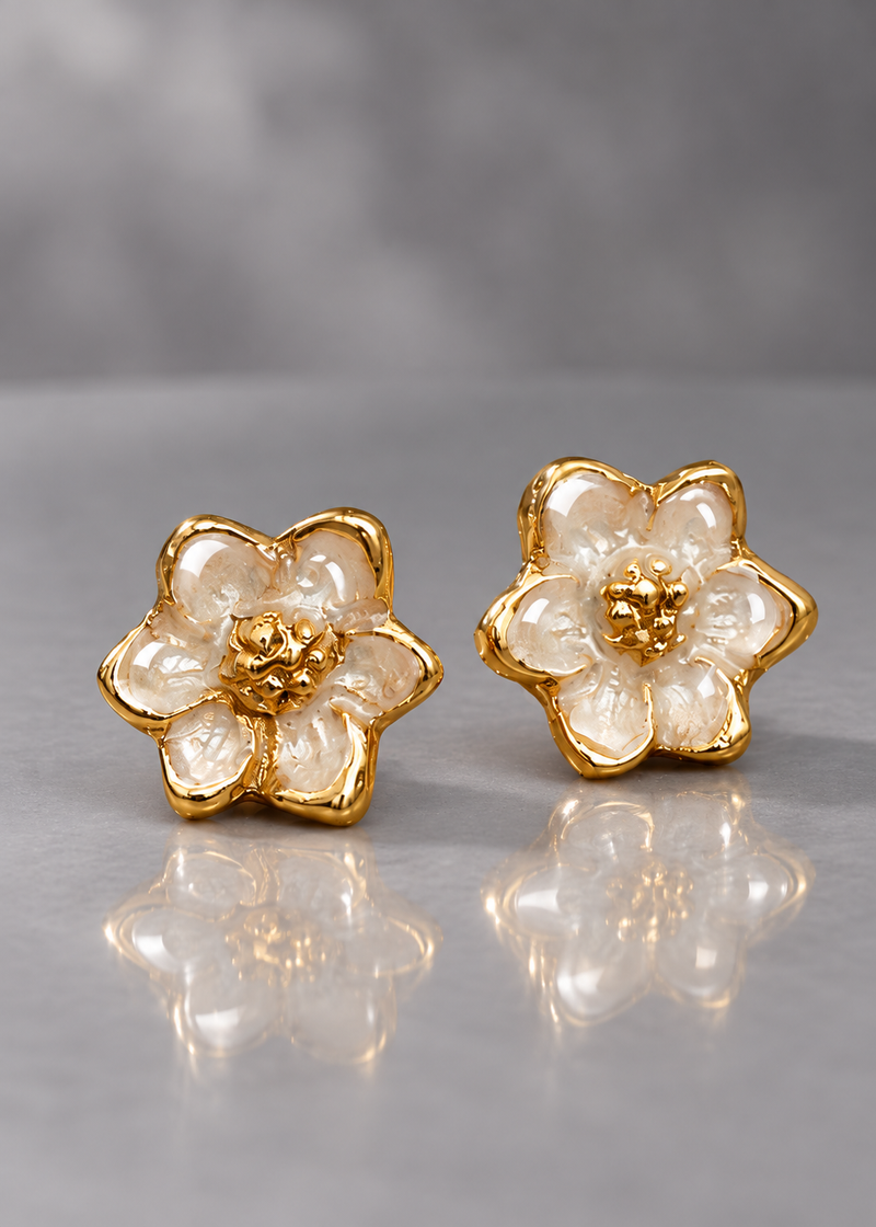 Ivory brass magnolia stud earrings with domed resin