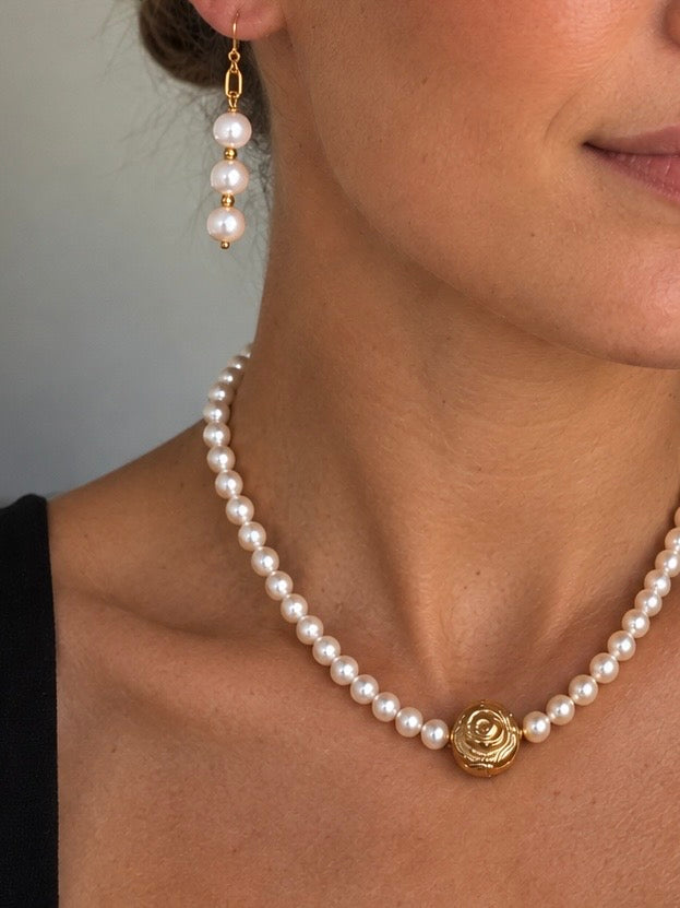 The Perfect Pair freshwater pearl drop earrings, worn photo