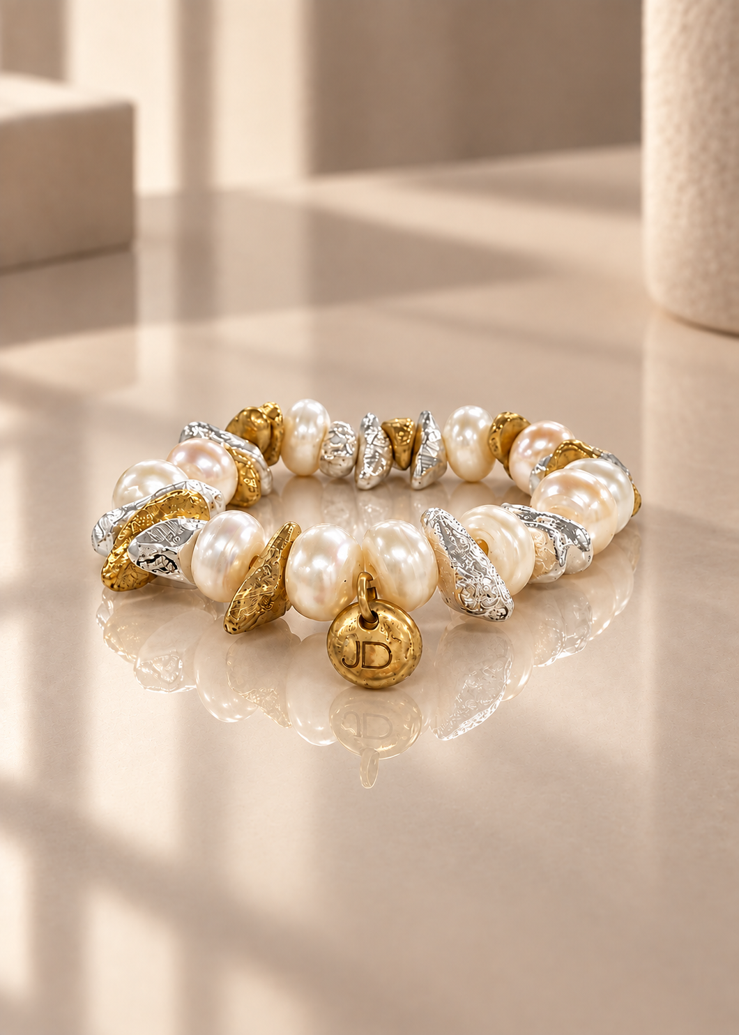 Poetic Pearl - Signature on reflective ivory surface